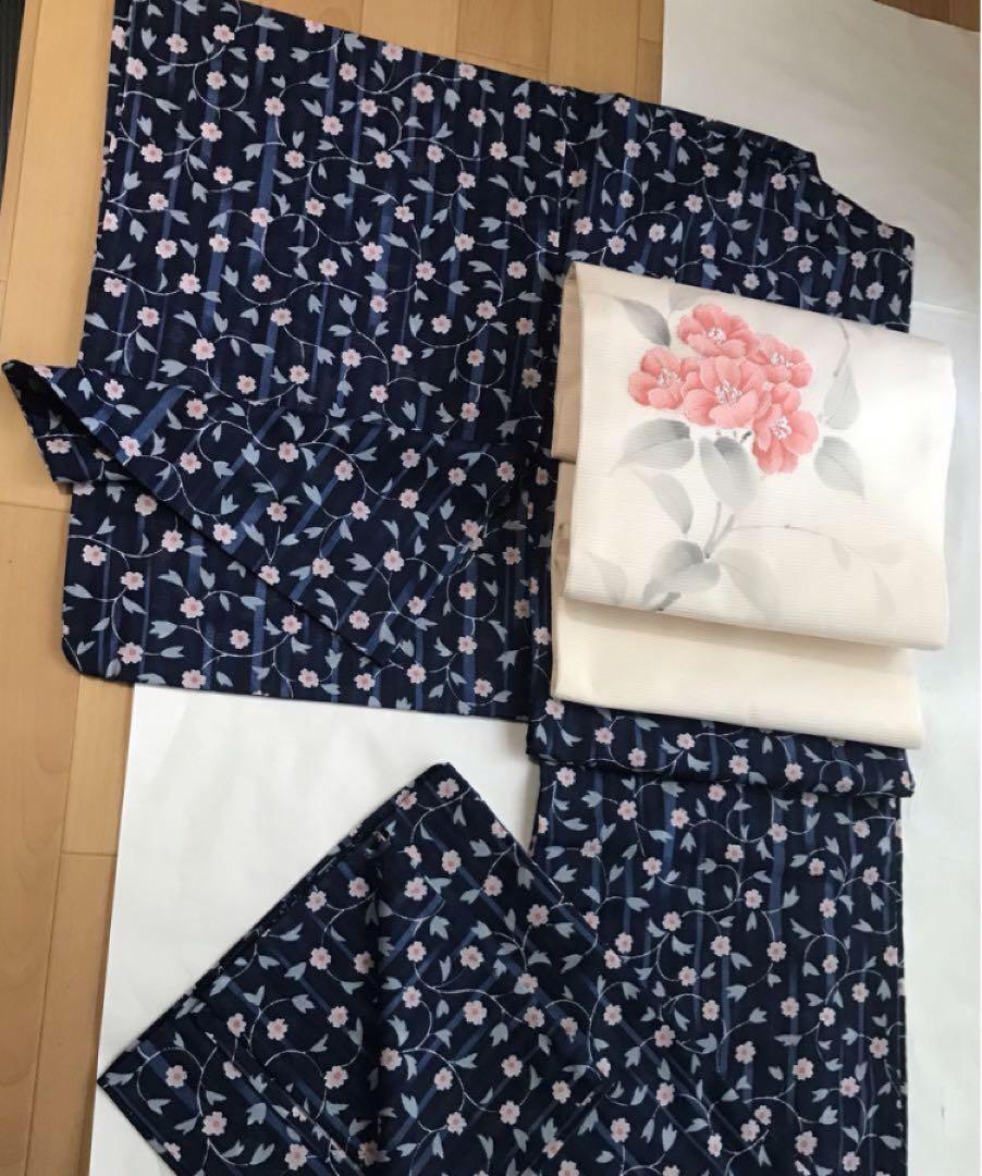 夏着物　絽　レトロポップ　花縞　ストライプ　手縫い　洗える着物