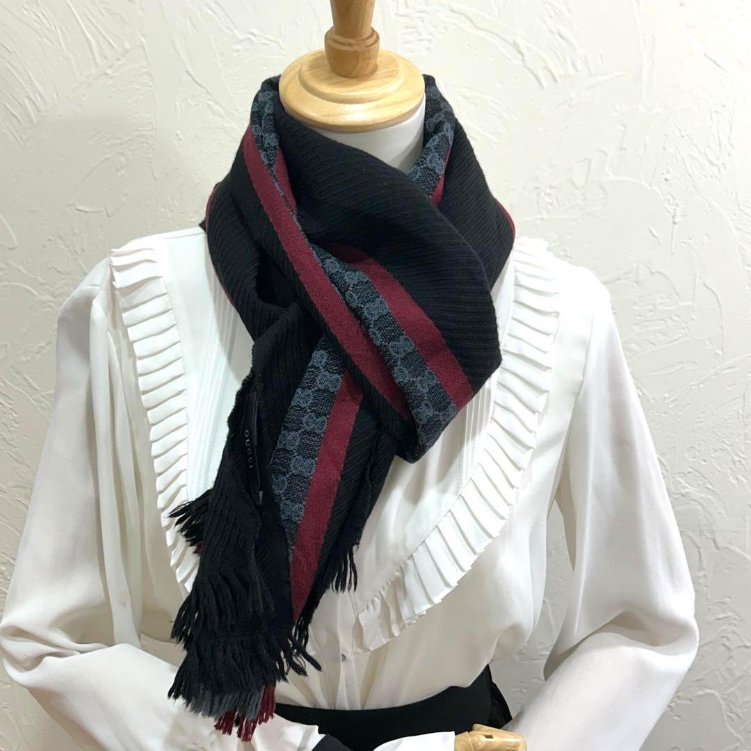 極美品★GUCCI マフラー GG シルク混 フリンジ シェリーライン 170