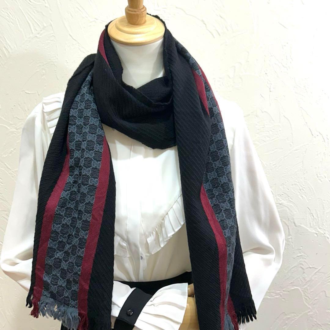 極美品★GUCCI マフラー GG シルク混 フリンジ シェリーライン 170