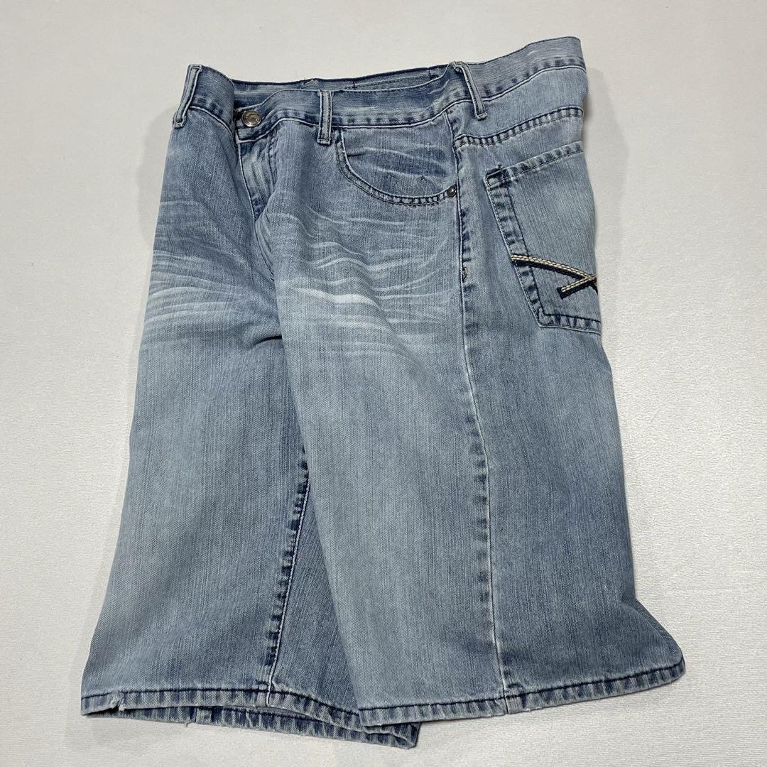 00s Ecko ウォッシュ デニム バギーパンツ ハーフ 刺繍 極太 00s Ecko ウォッシュ デニム バギーパンツ ハーフ ショーツ 極太