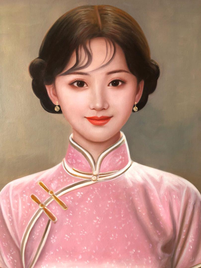 油絵　手描き　美人図　アジア美人　肉筆保証「陳逸飛」chenyifei1989
