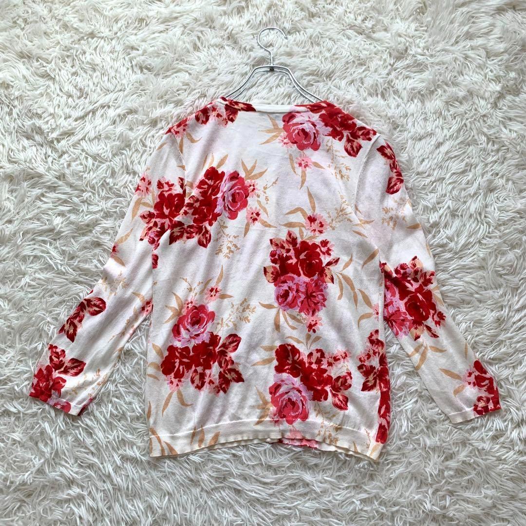 【かわいい⭐LAURA ASHLEY】白　赤　花柄　カーディガン　サイズL ローラアシュレイ Laura Ashley 花柄 ニットカーディガン M 総柄