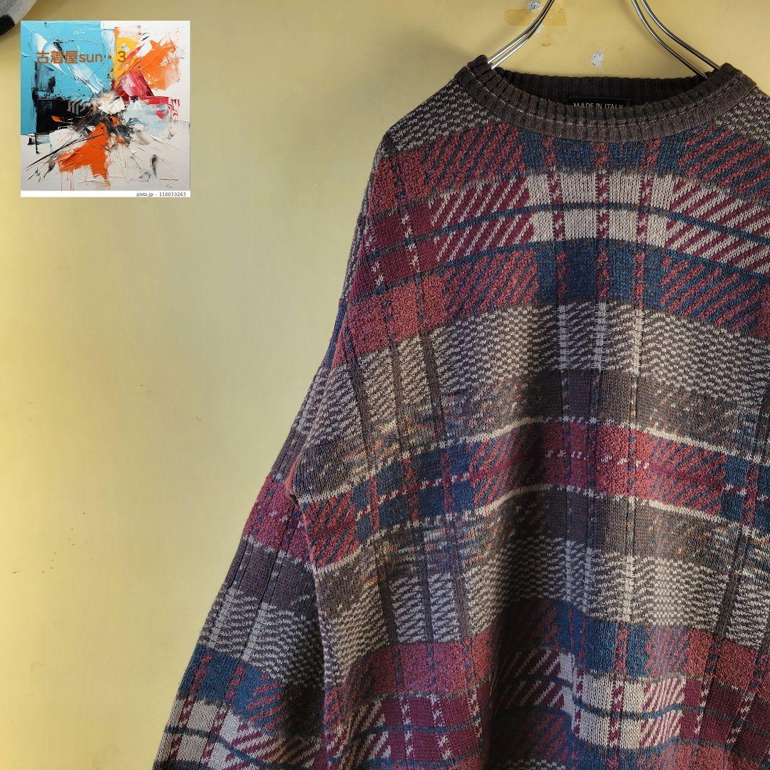 メンズMADE IN ITALYジャガードチェックセーターマルチカラー系総柄L