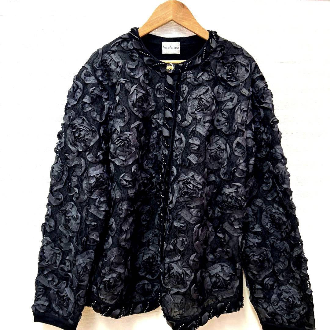 ＶIＣＥ　ＶＥＲＳＡノーカラージャケット異素材ビーズ　リボン　レース　カシミヤ混 5,600円