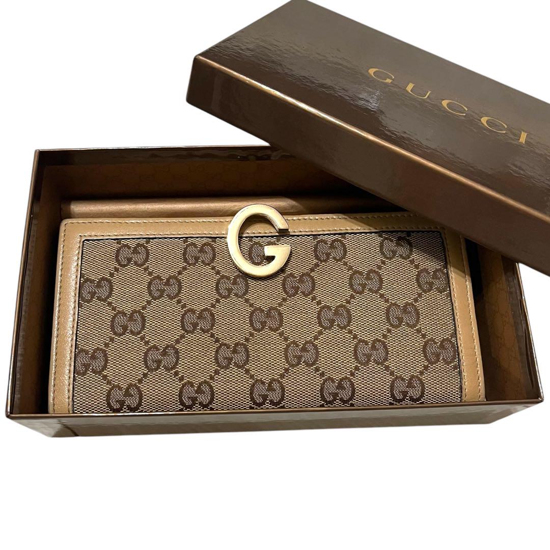 美品 GUCCI グッチ GGキャンバス 長財布 ベージュ Gロゴ ゴールド金具