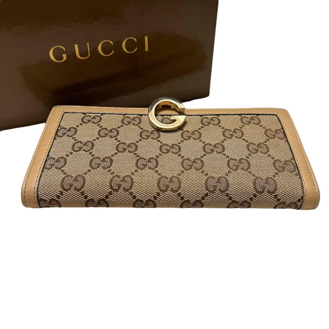 美品 GUCCI グッチ GGキャンバス 長財布 ベージュ Gロゴ ゴールド金具