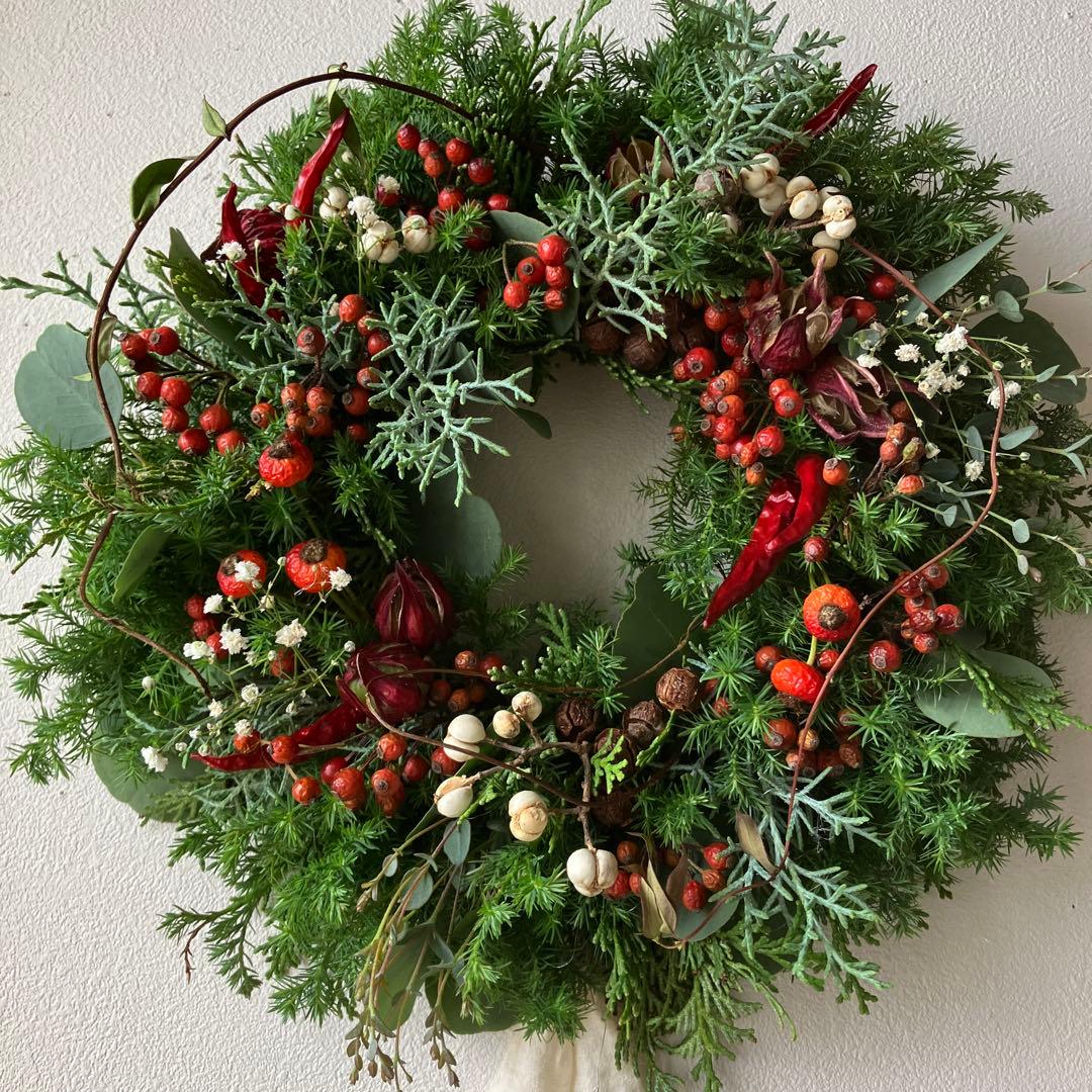 赤い実のクリスマスリース ローズヒップ ローゼル 野バラの実 フレッシュ針葉樹 赤い実のクリスマスリース ローズヒップ ローゼル 野バラの実 フレッシュ針葉樹