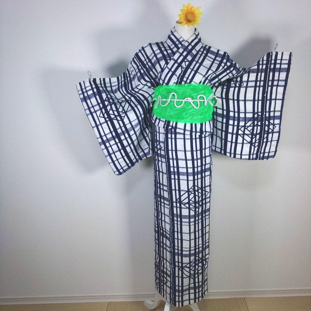 レトロ　キッズ　子供　浴衣　140cm　女の子　チェック柄　兵児帯　新品　黄緑