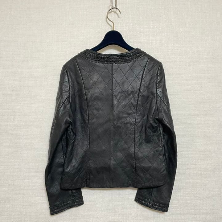 美品/INGEBORG/ノーカラー/フリル/レザージャケット/9/BLACK