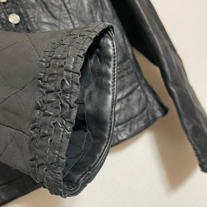 美品/INGEBORG/ノーカラー/フリル/レザージャケット/9/BLACK