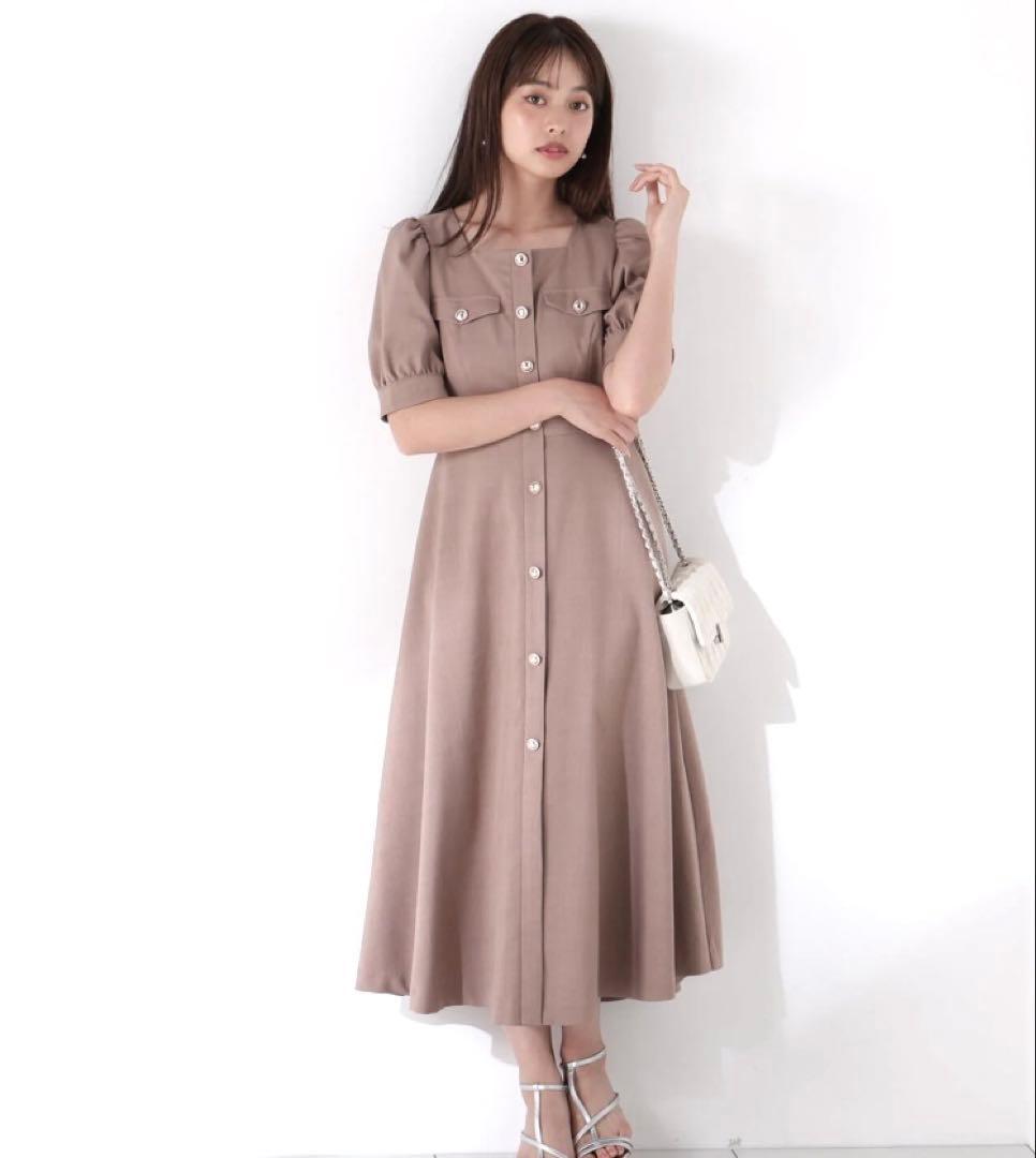 フロント釦スクエアネックワンピース　プロポーションボディドレッシング