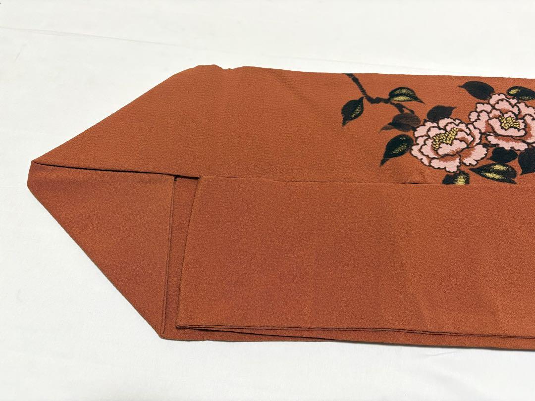A 美品 作家物 牡丹模様 金彩 縮緬 ブラウン 太鼓 正絹 名古屋帯 A 美品 作家物 牡丹模様 金彩 縮緬 ブラウン 太鼓 正絹 名古屋帯