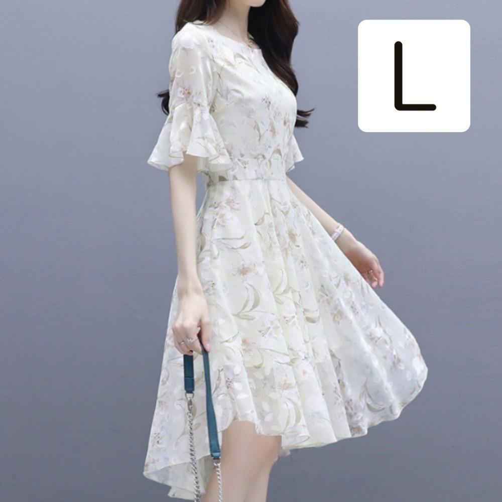 ドレス ワンピース 半袖 フラワー 結婚式 ホワイト 数量限定】ワンピース 結婚式 L ホワイト デート 半袖 ミニ丈