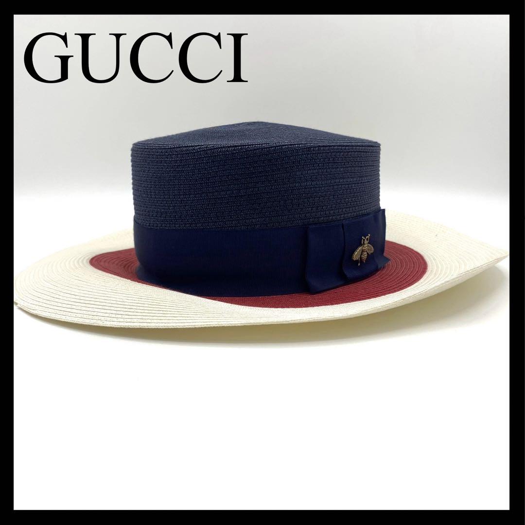 準未使用級✨GUCCI ぺーパーハット ストローハット トリコロール メタルビー 画像1