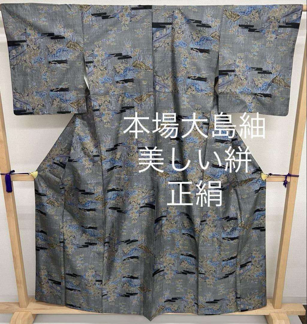 本場大島紬 美しい絣 正絹 着物MT-097