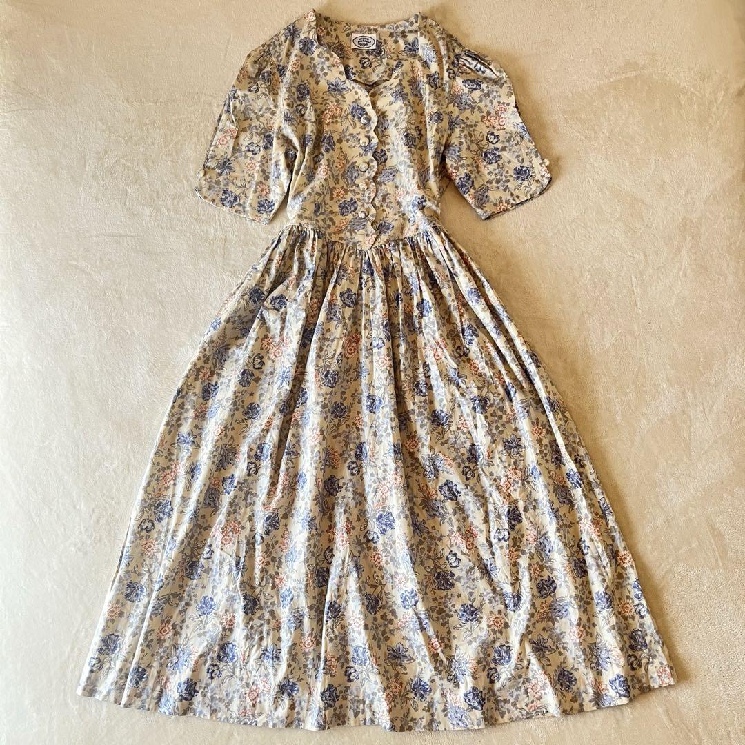 ローラアシュレイ　13号　ヴィンテージワンピース　花柄　半袖　ベージュ　コットン