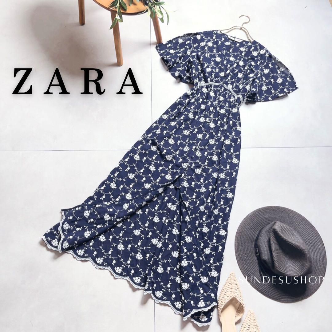 【完売品】ZARA ザラ　総刺繍　エンブロイダリー　シャツワンピース　紺　XS
