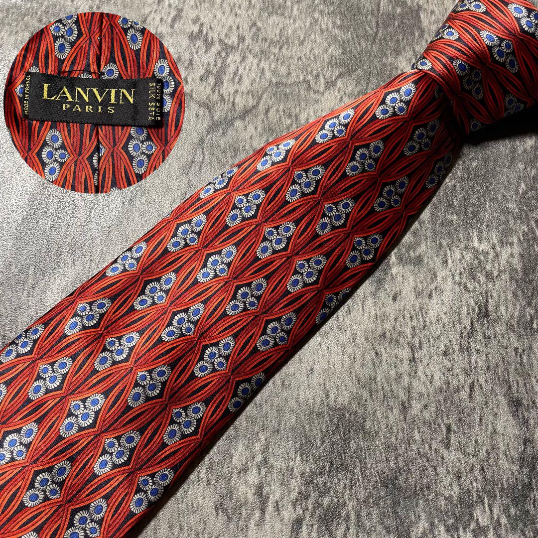 AN084 LANVIN レッド ブルー シルク ネクタイ