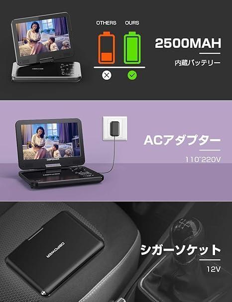 ポータブルDVDプレーヤー 12.5型 10.5インチ液晶画面 5時間再生