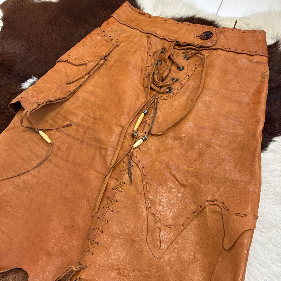 70 sビンテージ古着 ヒッピー ハンドメイド 本革 レザー スカート ブラウン SIZE VINTAGE