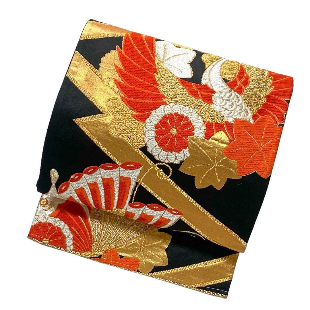 満点の 豪華 楓 菊 蝶々 鶴 金銀糸 袋帯 黒 NO-881 フォーマル しつけ糸 着物・浴衣
