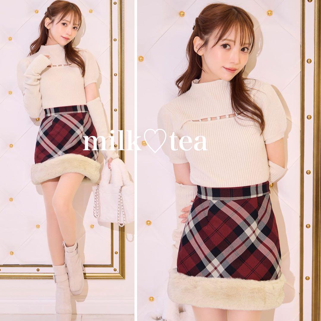 新品タグ付き ミシェルマカロン ファーチェックミニスカート レッド
