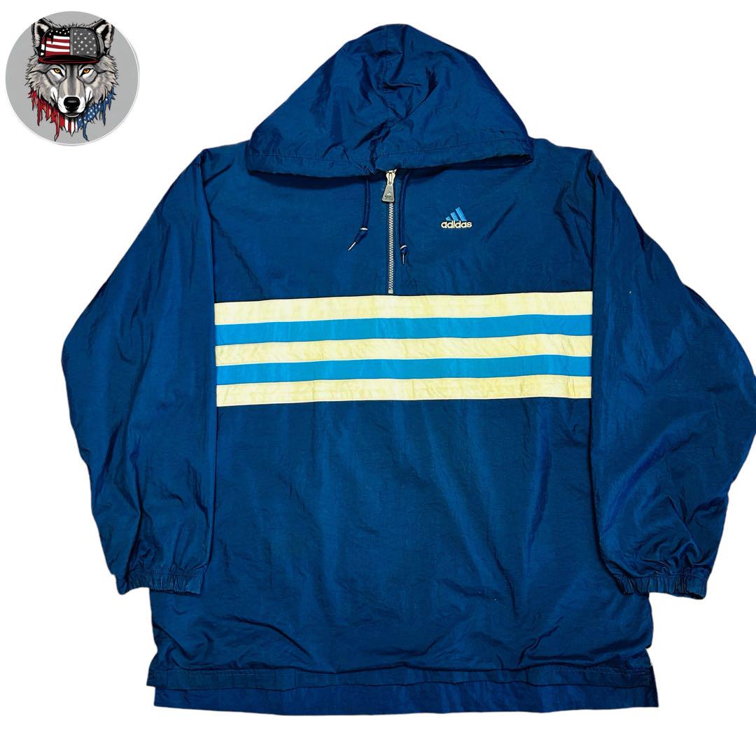 【adidas/アディダス】アノラックナイロンジャケット◎ボーダー 刺繍ロゴXL