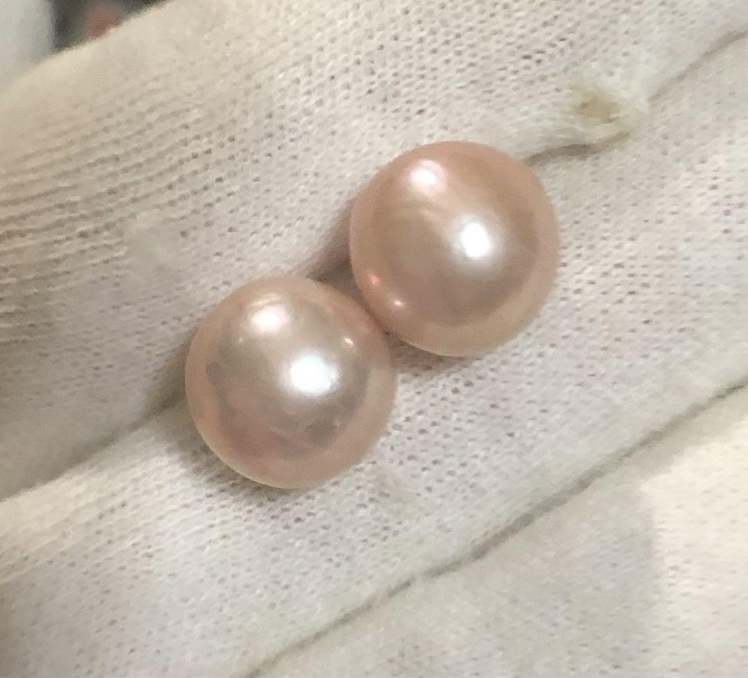 K14WG 天然真珠　ピンク最光珠　ピアス　11.10/11.09mm
