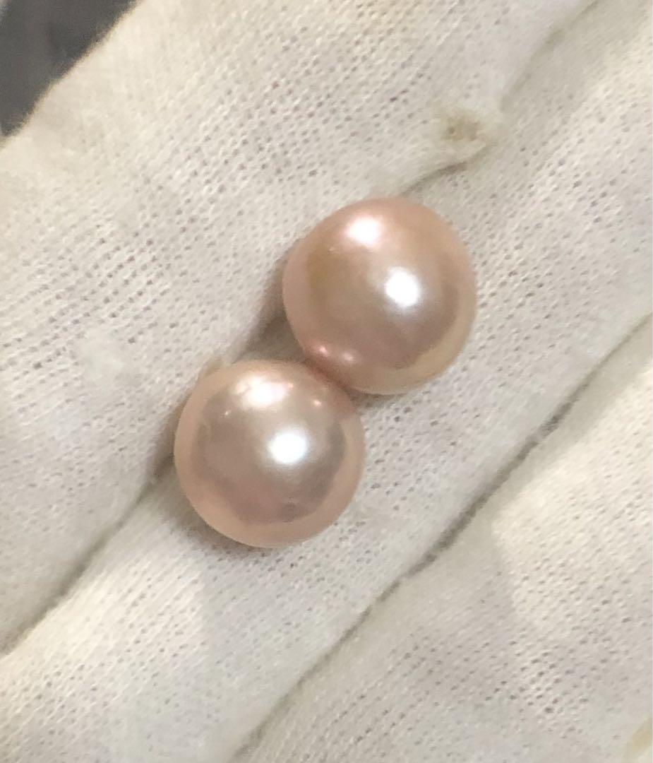 K14WG 天然真珠　ピンク最光珠　ピアス　11.10/11.09mm
