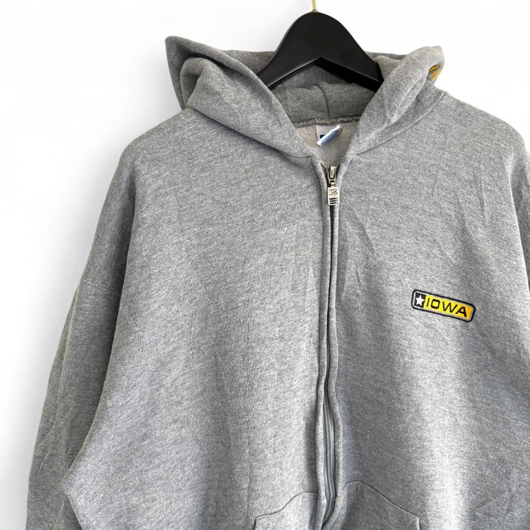 90s ヴィンテージ ラッセル フルジップパーカー IOWA刺繍 グレー LL Russell Athletic