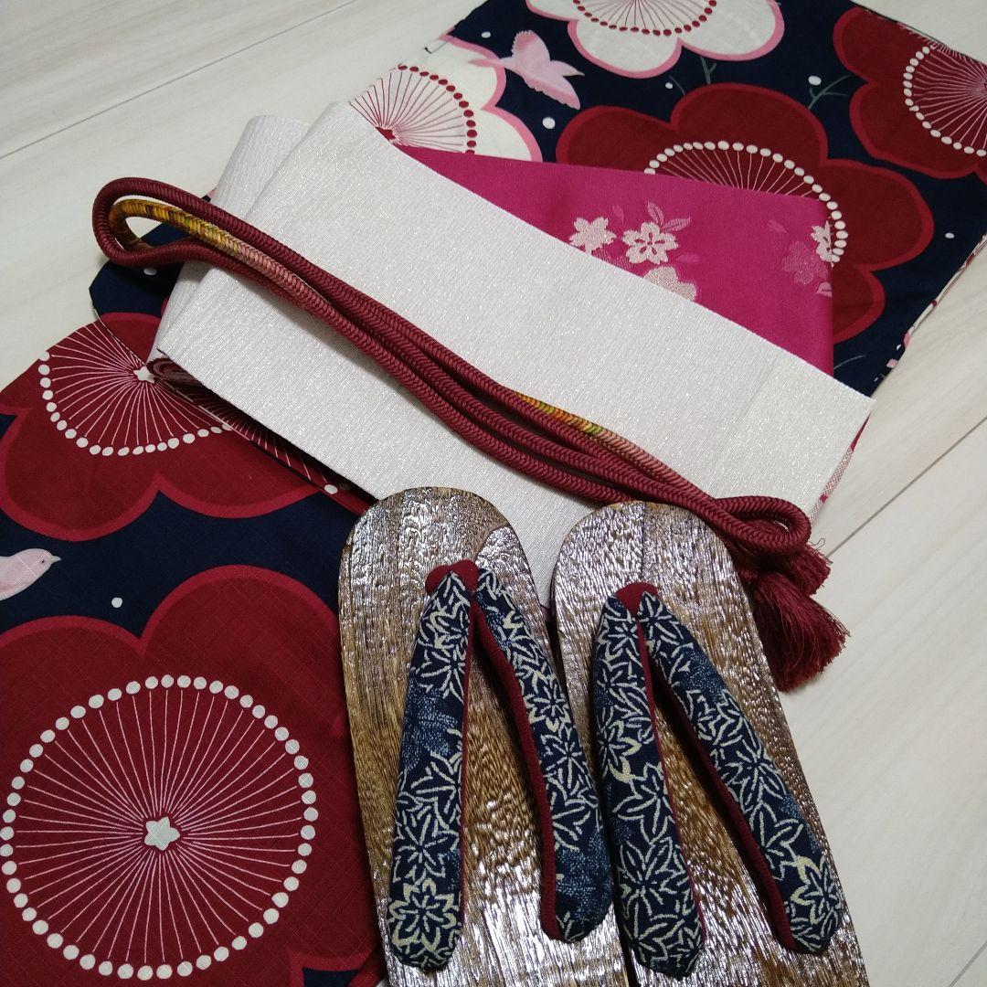 【本物保証】新品☆呉服屋♪レトロモダン・梅小鳥♪上品な夏着物 浴衣4点セット