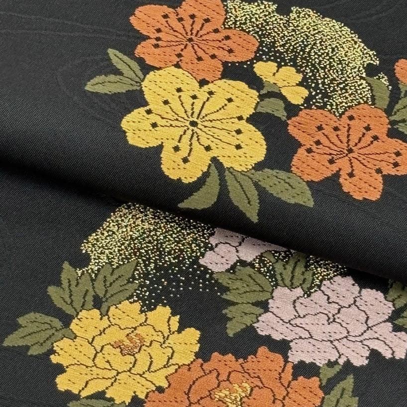 ゆりのはな　未使用品　袋帯　西陣　荒塚一三　刺繍　紋織り　黒色系　正絹　H503