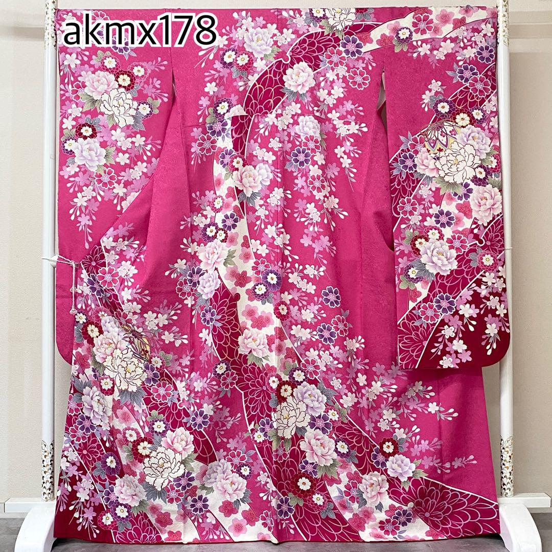 akmx160 正絹 振袖 赤 パールトーン加工 7号 花柄（SOUBIEN 振袖