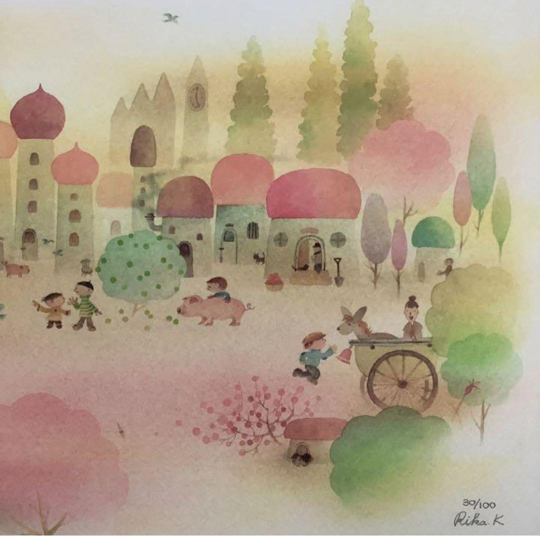 絵画・額縁・版画・上砂 理佳・新品未使用・あんず色の村・美術品・インテリア・雑貨