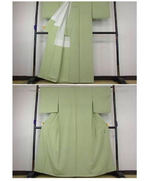 キモノ┴ 羽田登喜男 一つ紋 グリーン 緑 薄緑 うぐいす色 J1R2p-m41359517105 監修 葉色 色無地 正絹 プレゼント