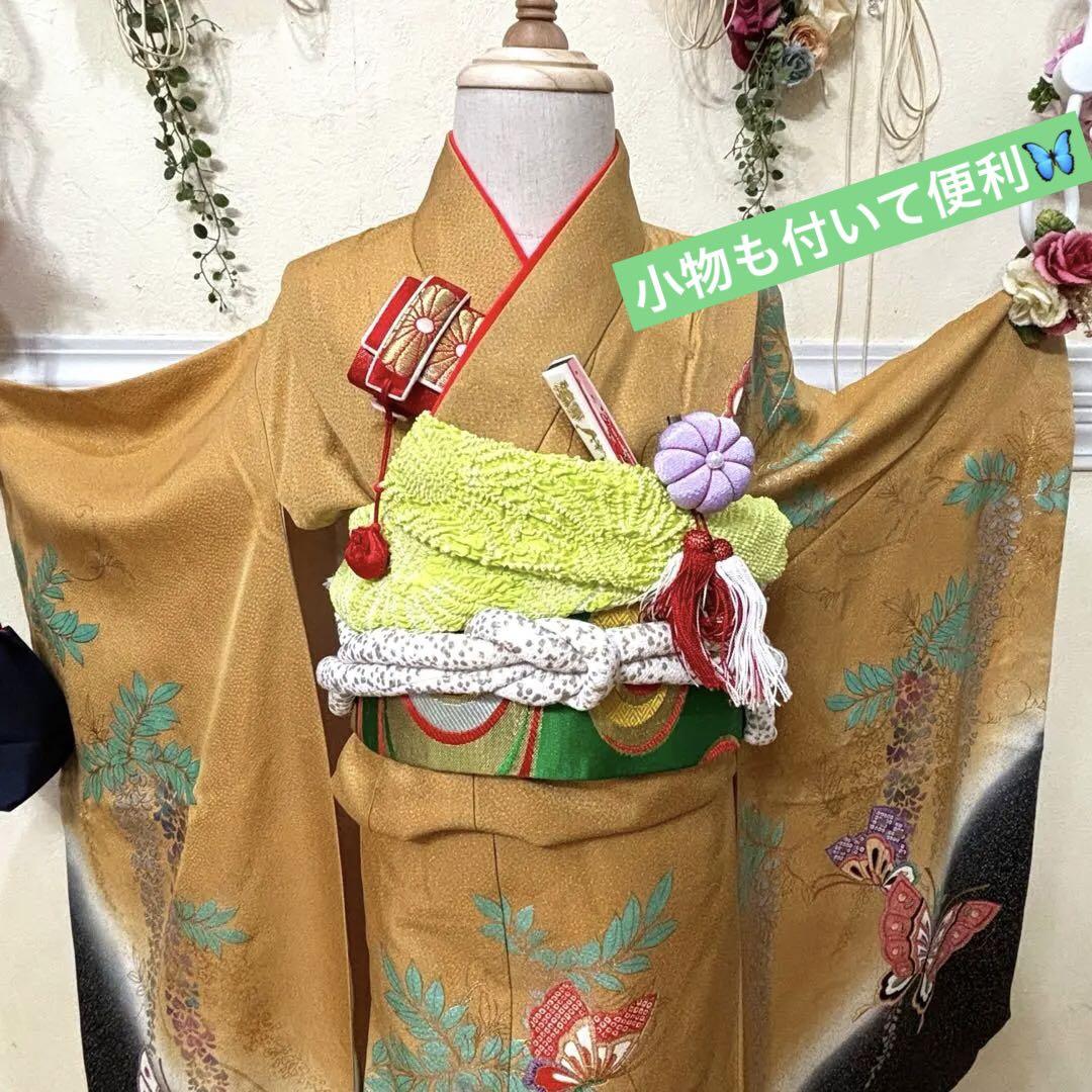 七五三七歳‼豪華絢爛❤️人気辛子色蝶々藤れ垂金彩金箔煌びやか