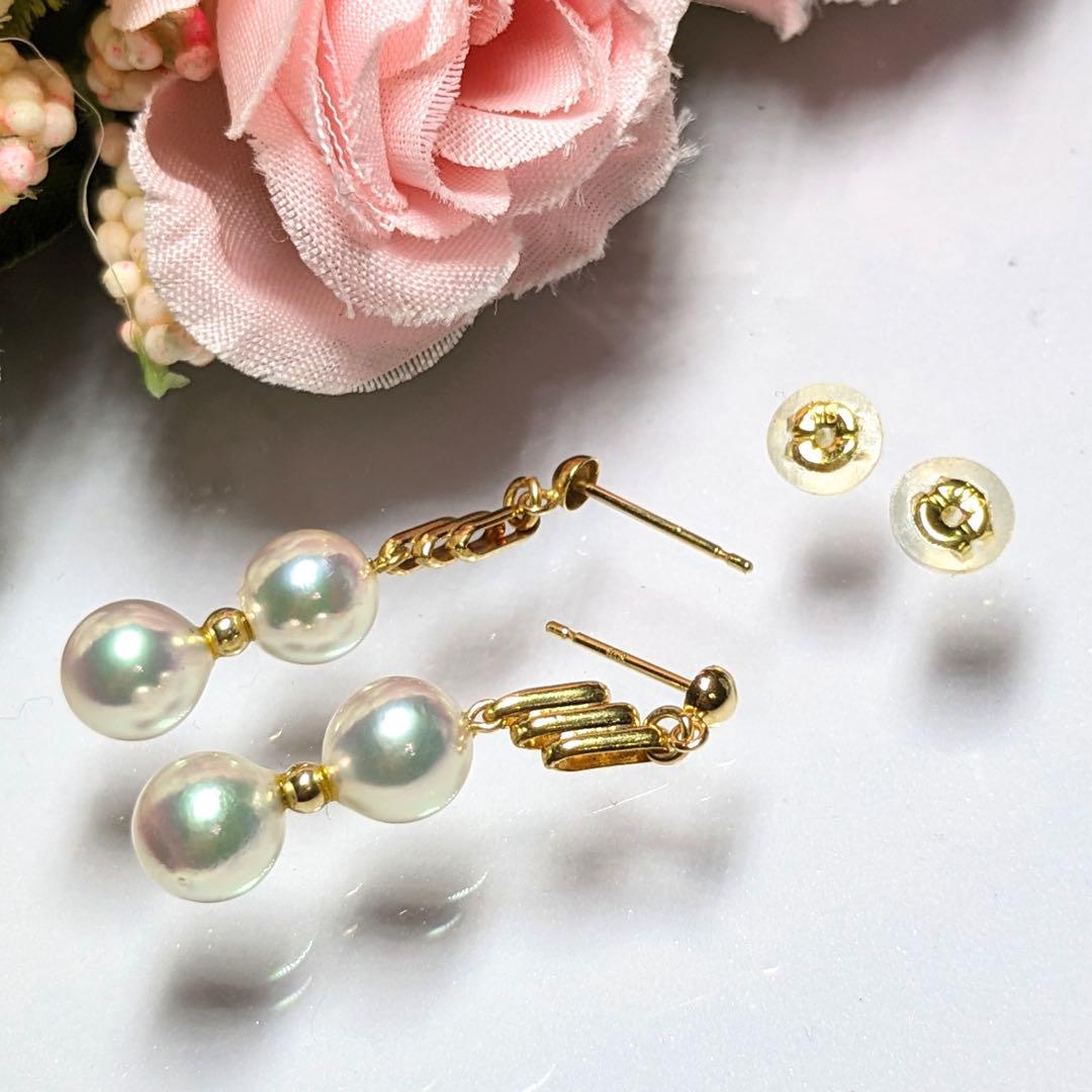 マユ♡美品♡照り照り♡アコヤ真珠 揺れるピアス k18イエローゴールド