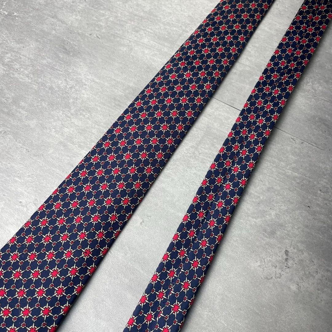 エルメス HERMES 総柄 9cm レッド×ネイビー シルク ネクタイ 赤