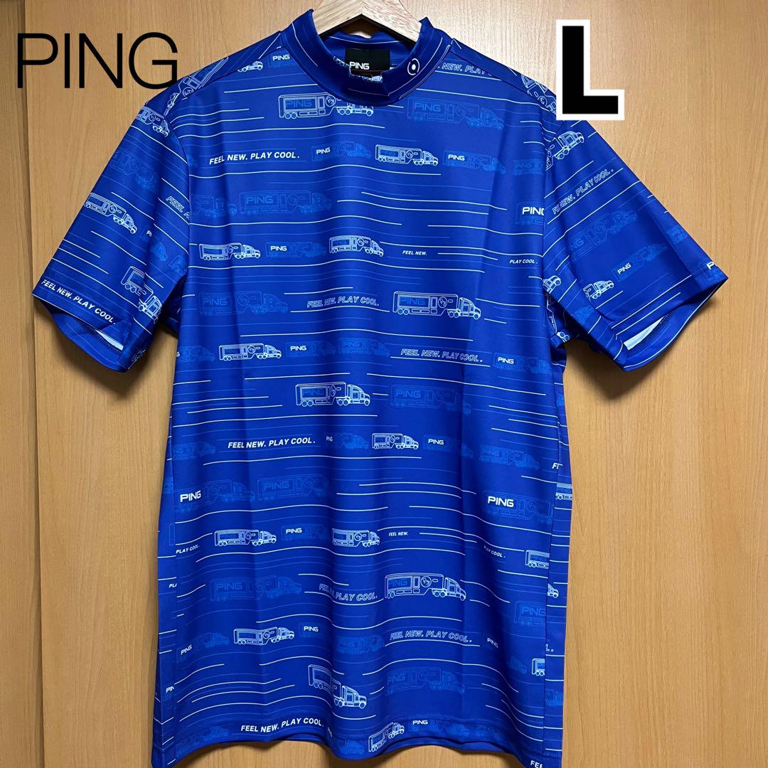 ping ピン　半袖　ハイネック　カットソー　ゴルフウェア　ブルー　L バス柄メンズウェア