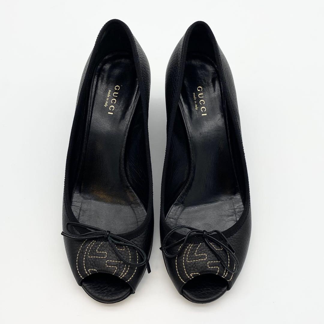 GUCCI パンプス　インターロッキング　オープントゥ　リボン　黒　レザー