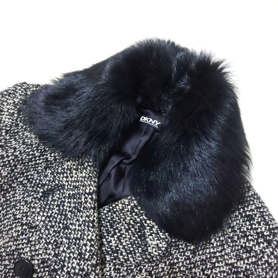 【極美品】DKNY ファーライナー ツイードダブルブレストロングコート マキシ丈