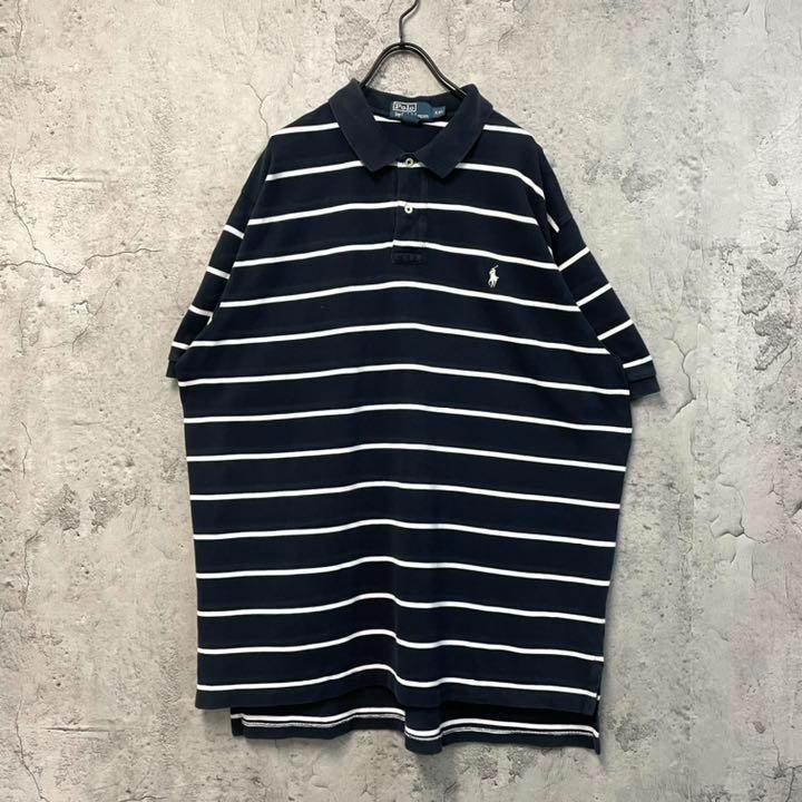 90s 古着◆ポロバイラルフローレン ボーダーポロシャツ ネイビー メンズ3XL