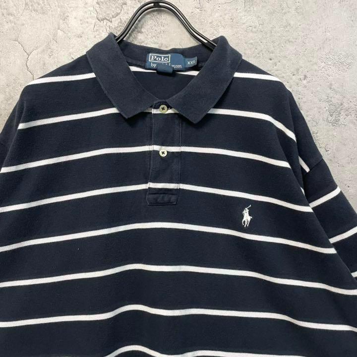 90s 古着◆ポロバイラルフローレン ボーダーポロシャツ ネイビー メンズ3XL