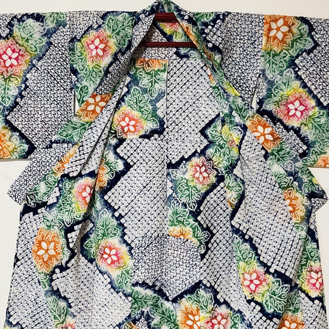 92 超希少✨レアカラー✨高級 有松鳴海総絞り 花柄 浴衣 濃紺 カラフル 画像11