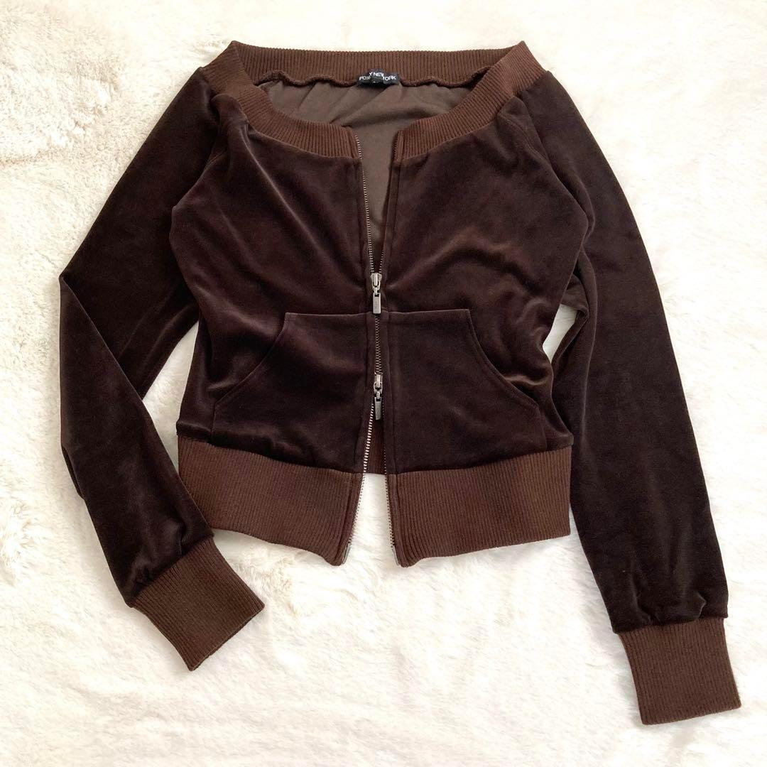 【美品】FOXEY NEW YORK ベロア ジップアップ ノーカラー ブラウン