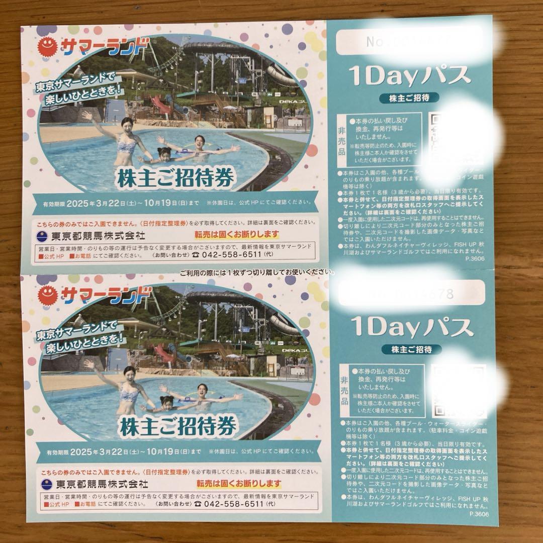 東京サマーランド株主ご招待券2枚セット★プール入場券株主優待1Dayパス