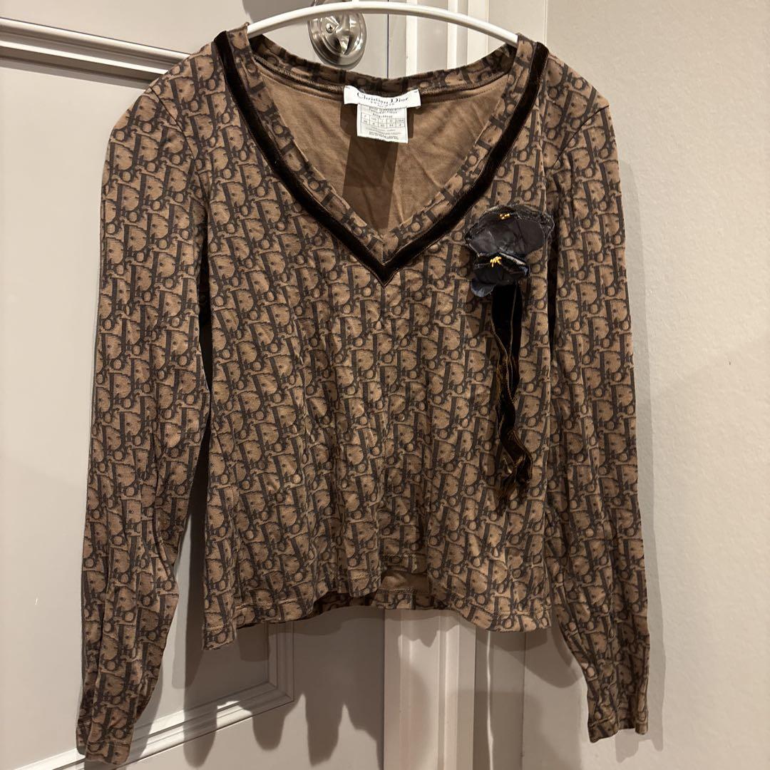 Christian Dior ブラウン Vネック 長袖カットソー F36サイズ