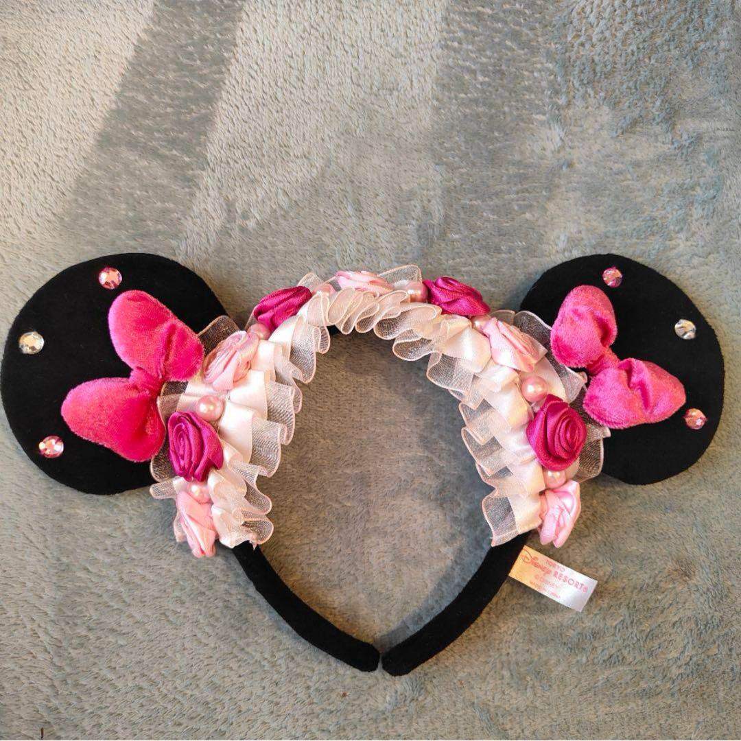 ディズニー ミニー カチューシャ ピンクリボン バラ 薔薇 レース