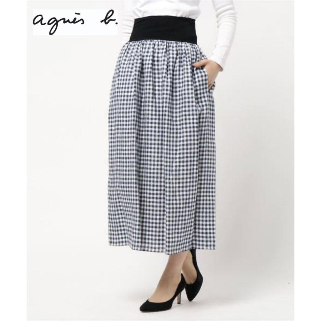 agnes b. リネンスカート ギンガムチェック柄 紺×白 日本製 麻