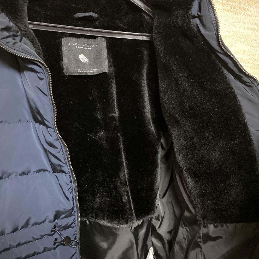 ZARA WOMAN ネイビー ダウンジャケット フード内側ボア付き